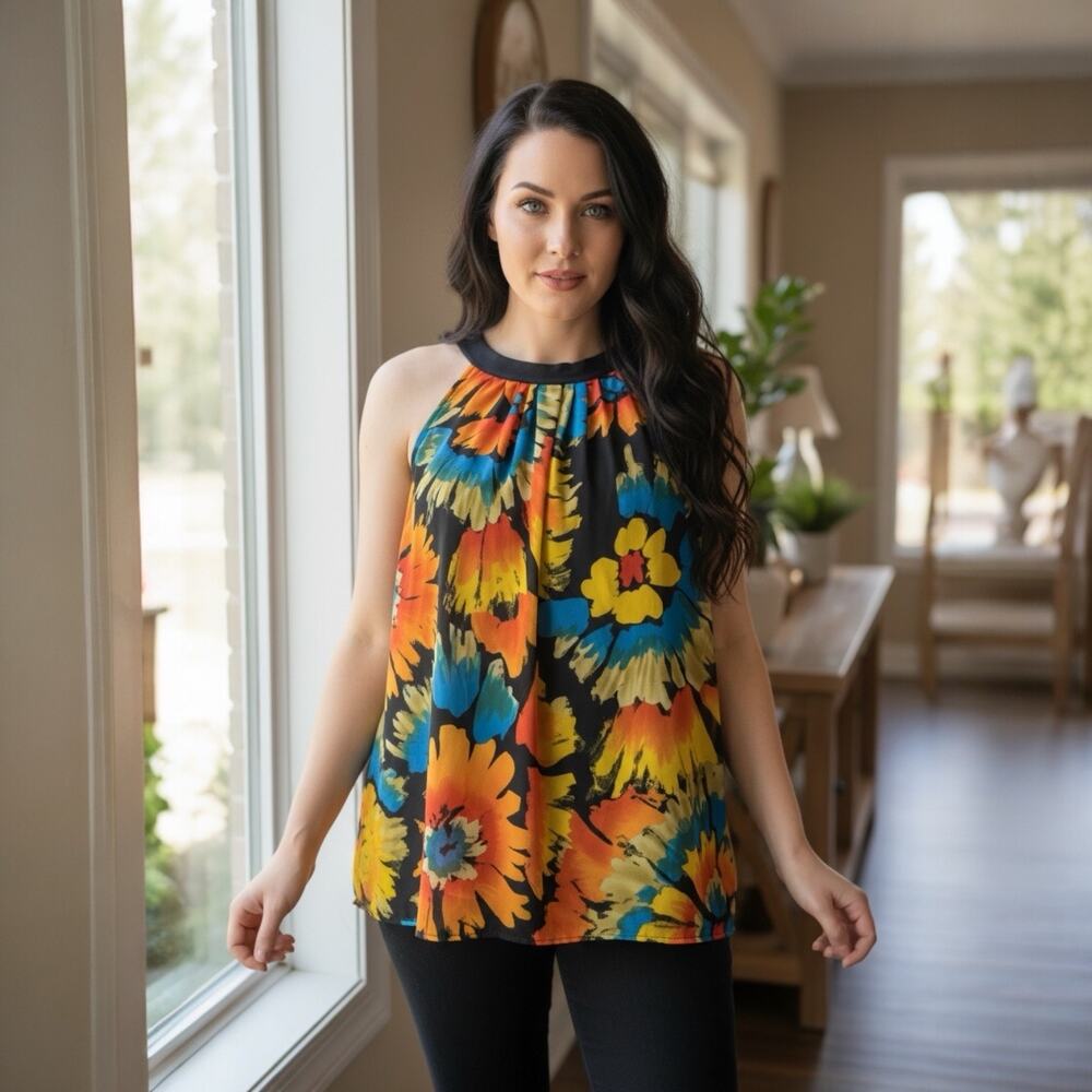Misty & Max Floral Sheer Flowy Embellished Tie Neck Sleeveless Blouse Womens L